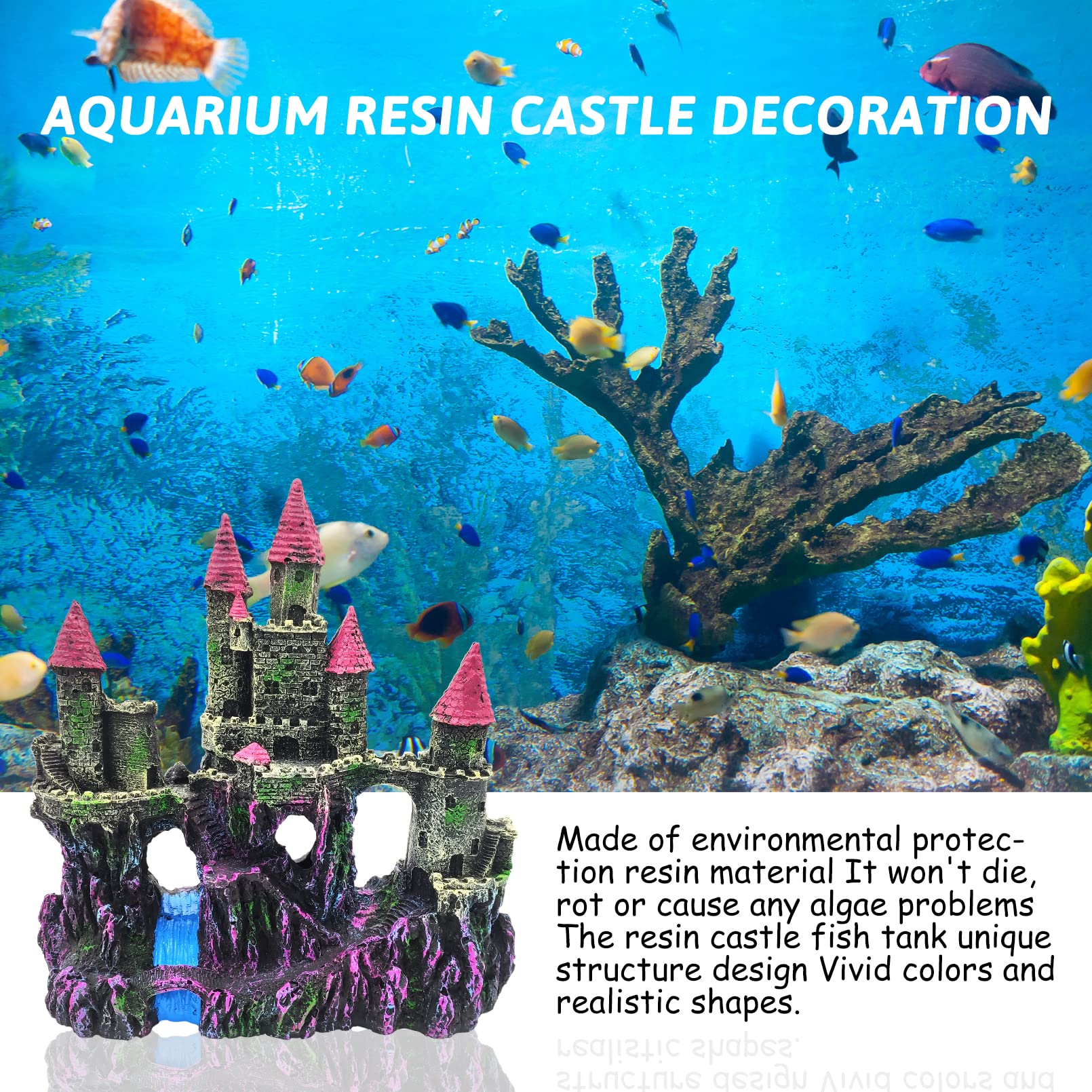 PINVNBY aquarium resin castle with-fish highlights tranquil hideouts for shy tank mates.