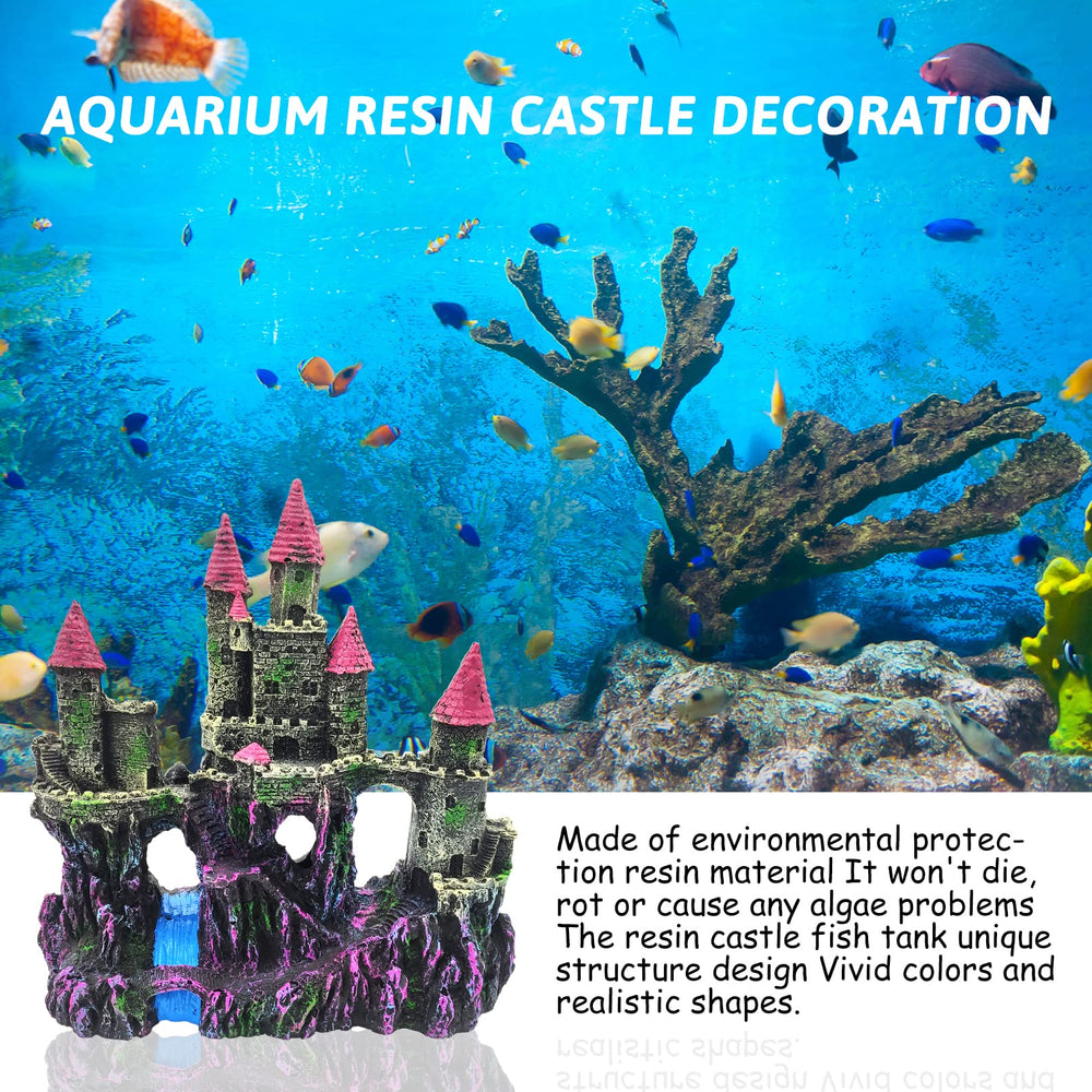 PINVNBY aquarium resin castle with-fish highlights tranquil hideouts for shy tank mates.