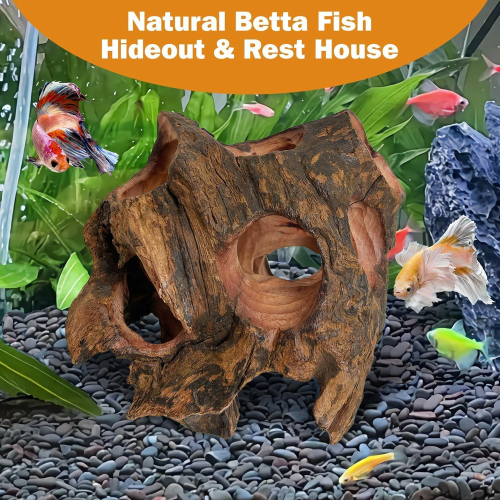 PINVNBY Betta Cave durable natural wood supports long-lasting habitat.