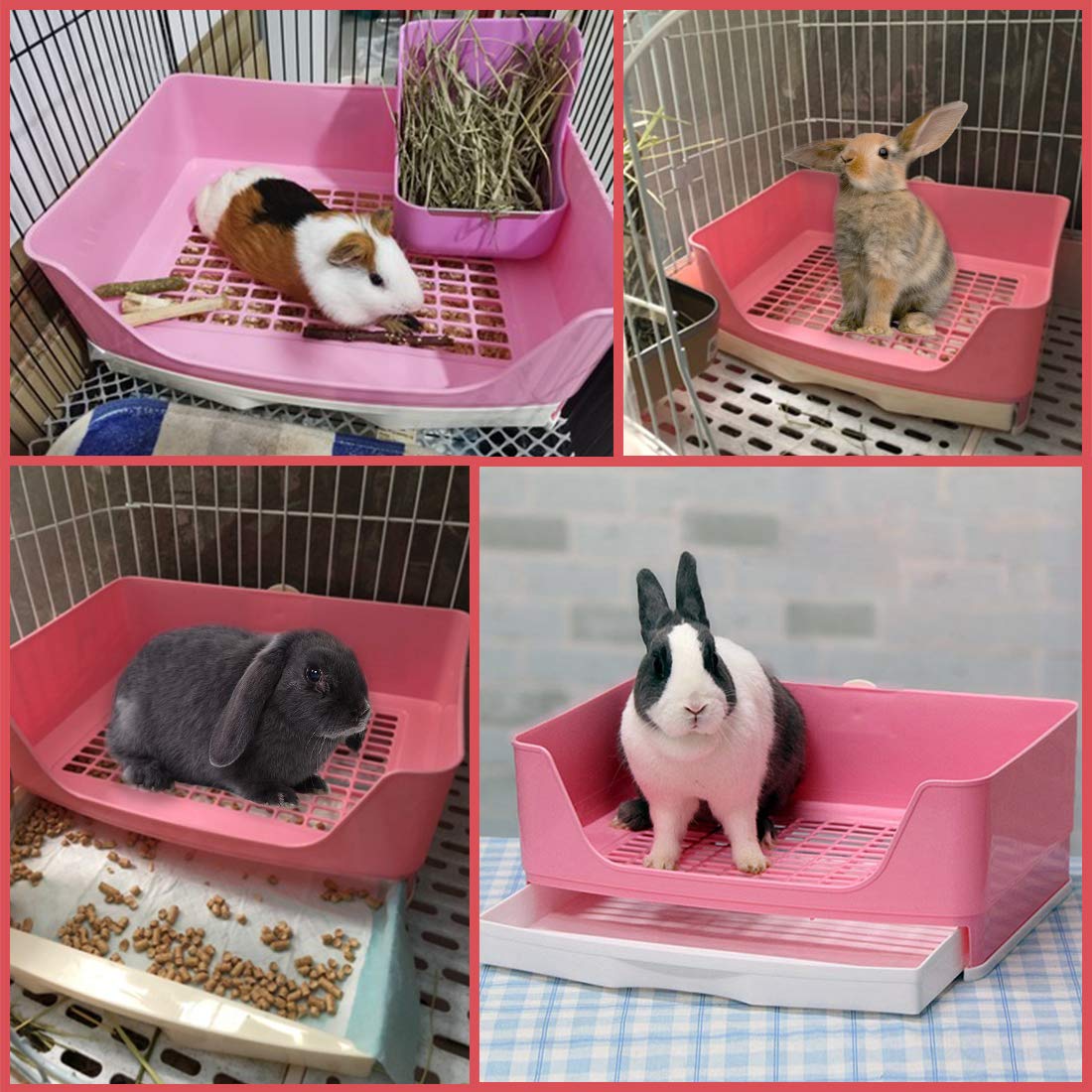 PINVNBY large rabbit litter box in cage illustrates secure attachment for tidy habitat.
