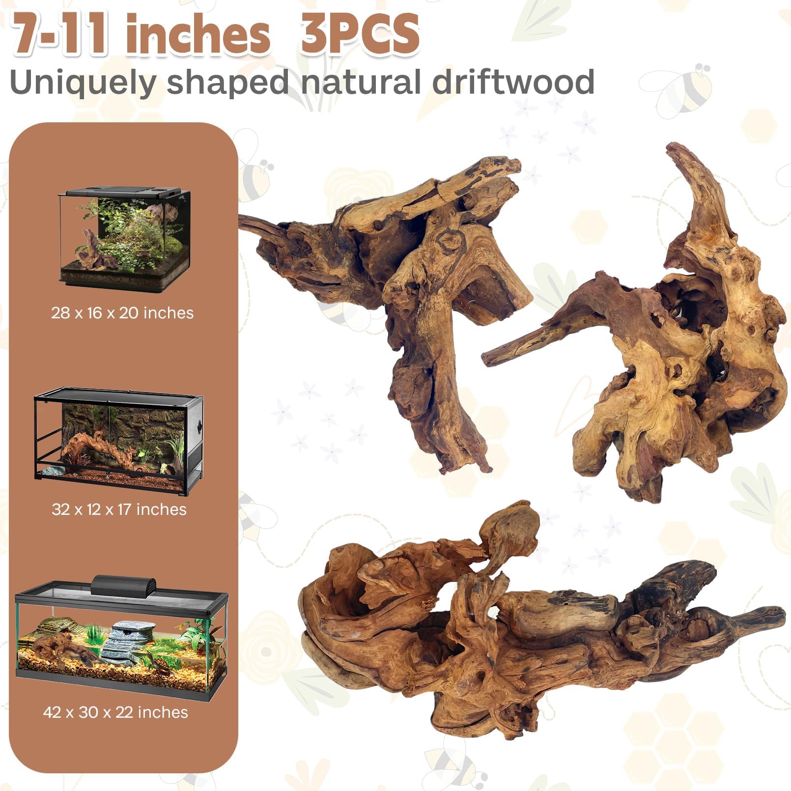 PINVNBY driftwood branch close-up highlights unique shapes for reptile habitats.