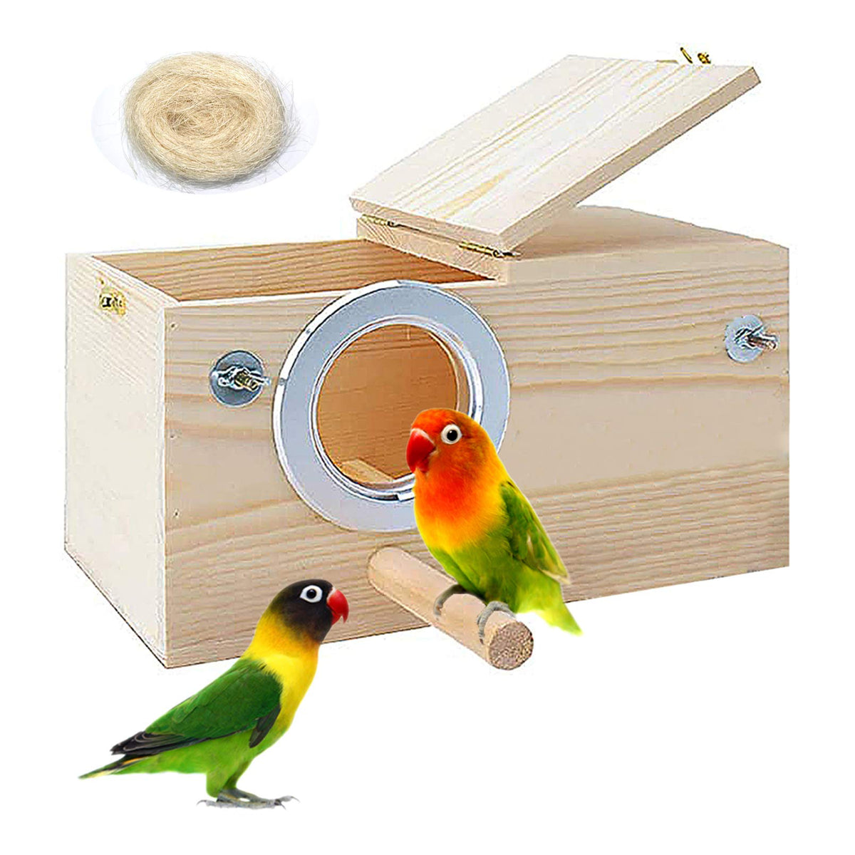 PINVNBY parakeet nesting box front view, sturdy construction for safe nesting.