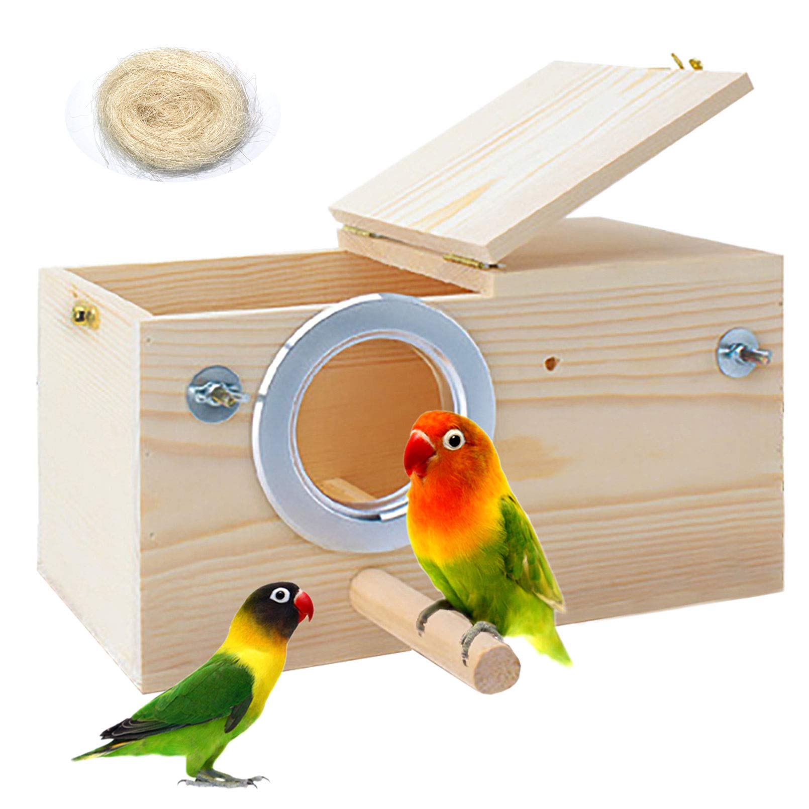 PINVNBY parakeet nesting box with lid-open for easy interior cleaning and maintenance