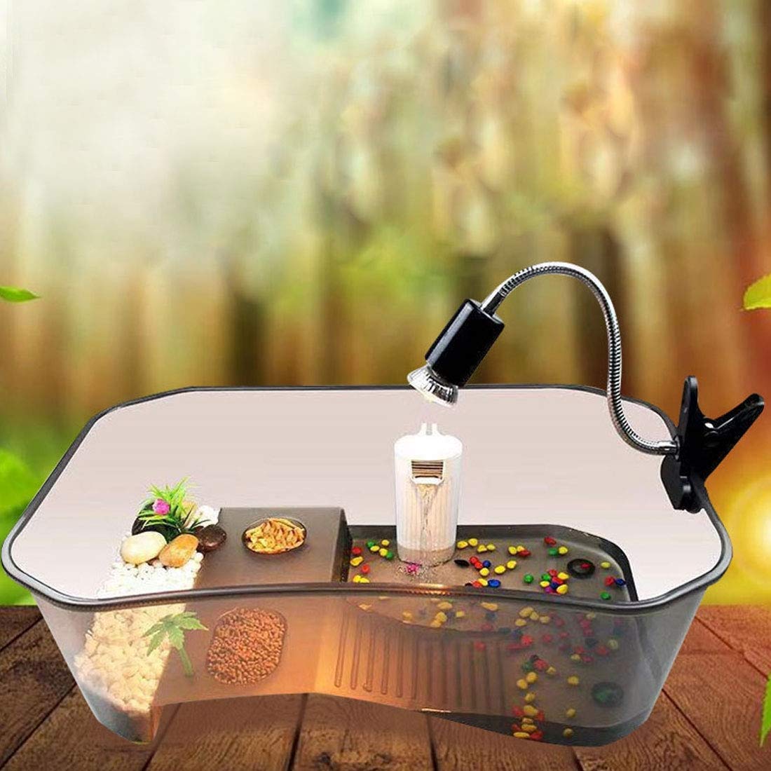 PINVNBY turtle tank with built-in platform offers secure resting space for small pets.
