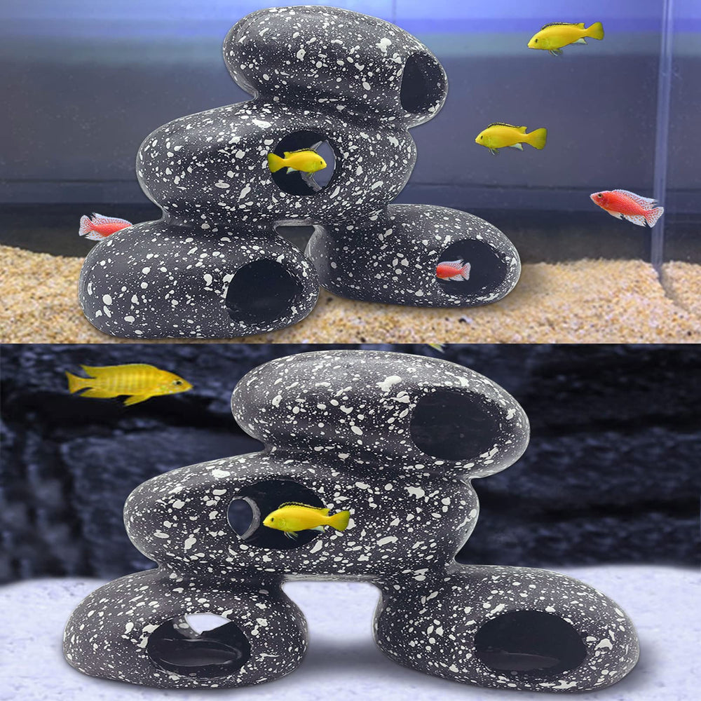 PINVNBY rock cave decoration with hollow spaces for fish passage.