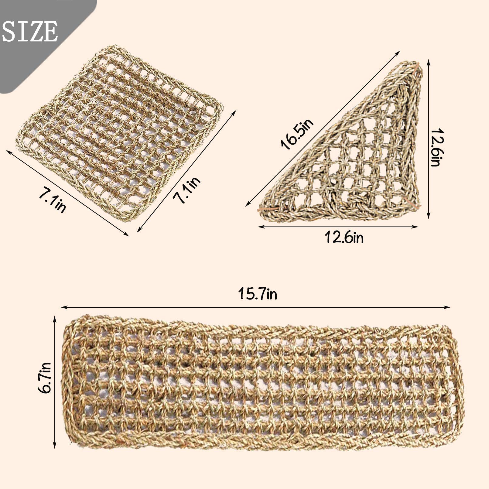 PINVNBY square seagrass hammock adds natural texture for climbing.