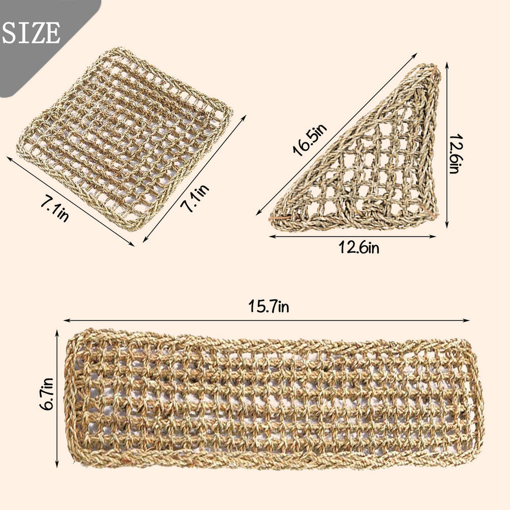 PINVNBY square seagrass hammock adds natural texture for climbing.