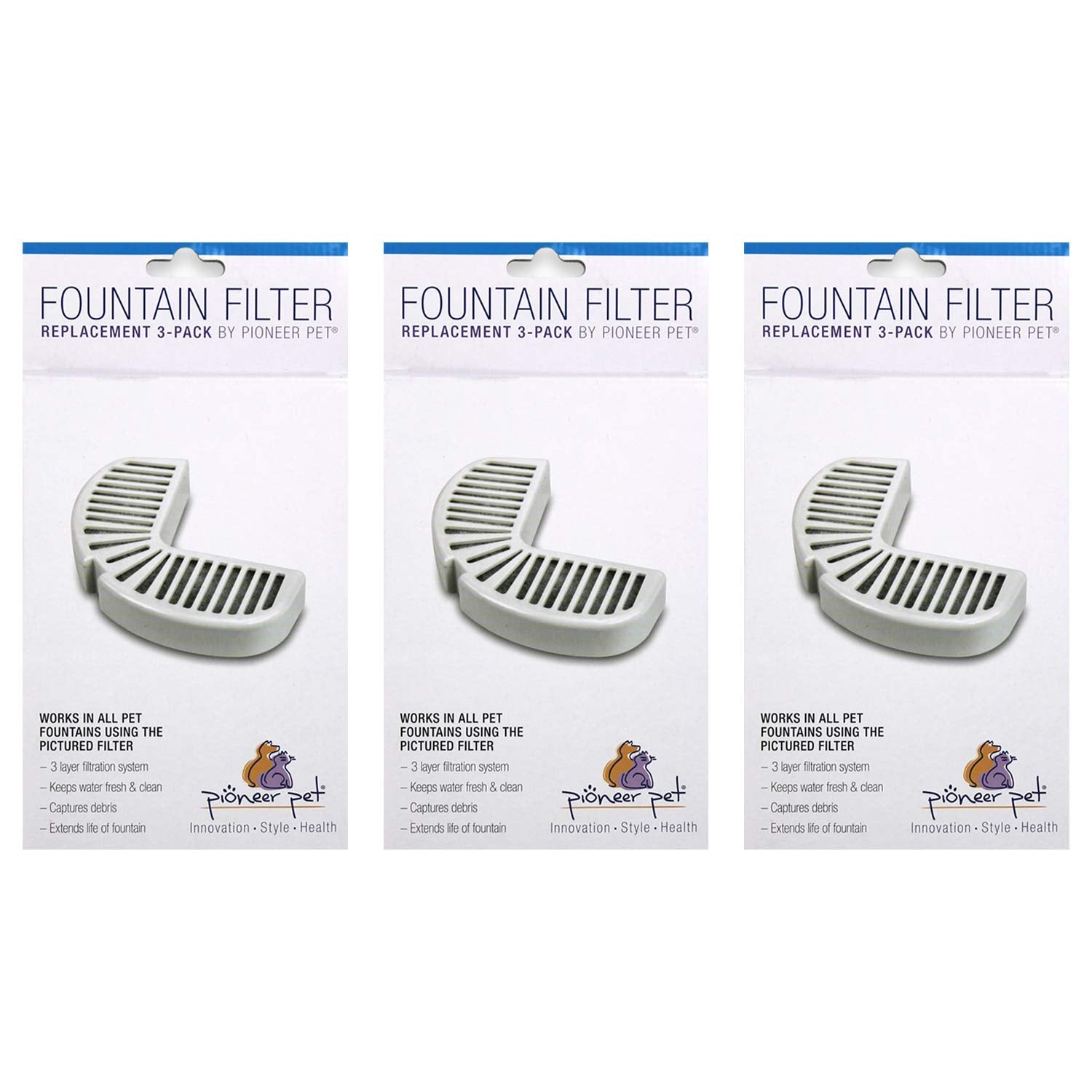 Pioneer Pet Raindrop filters packaging promotes clean water filtration