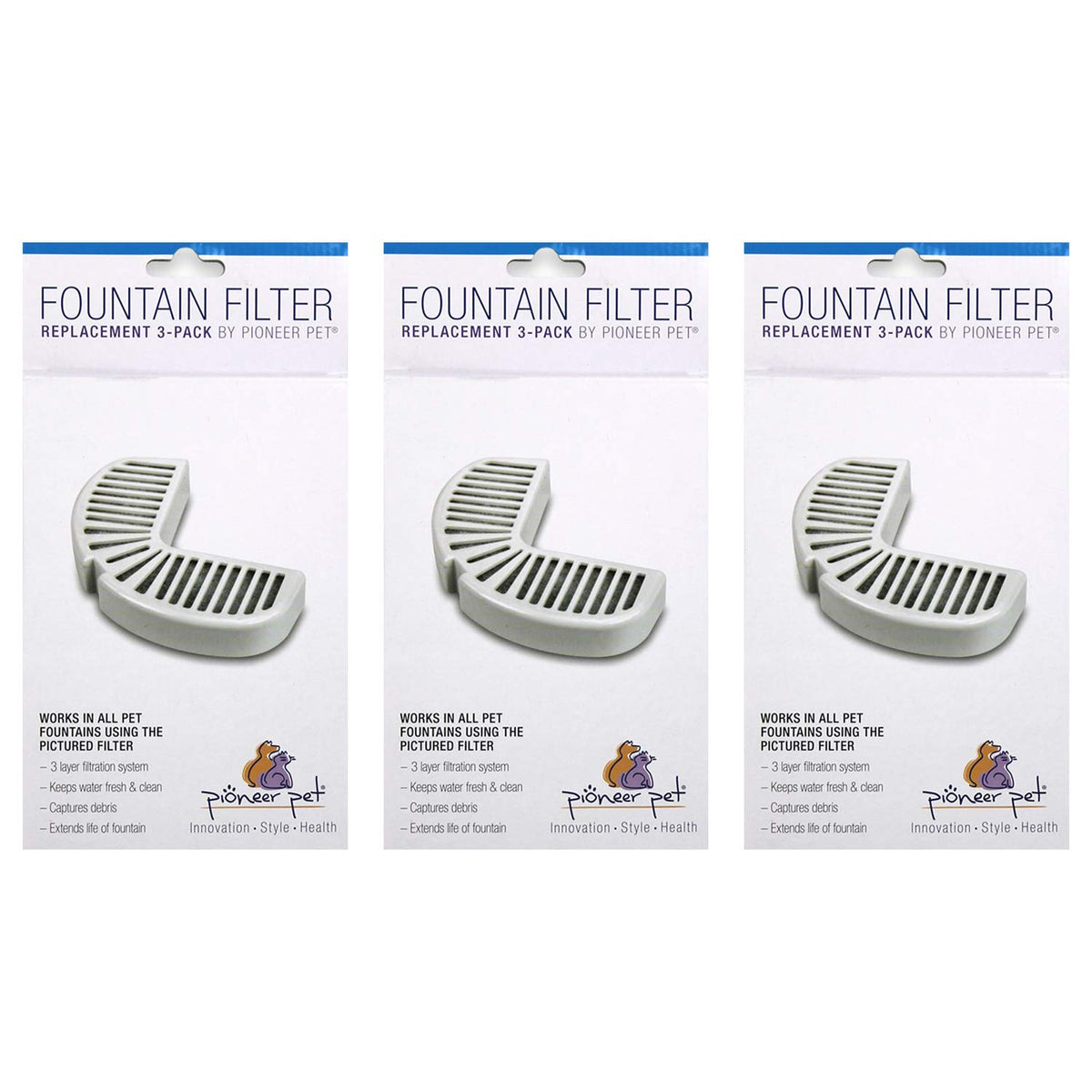 Pioneer Pet Raindrop filters packaging promotes clean water filtration