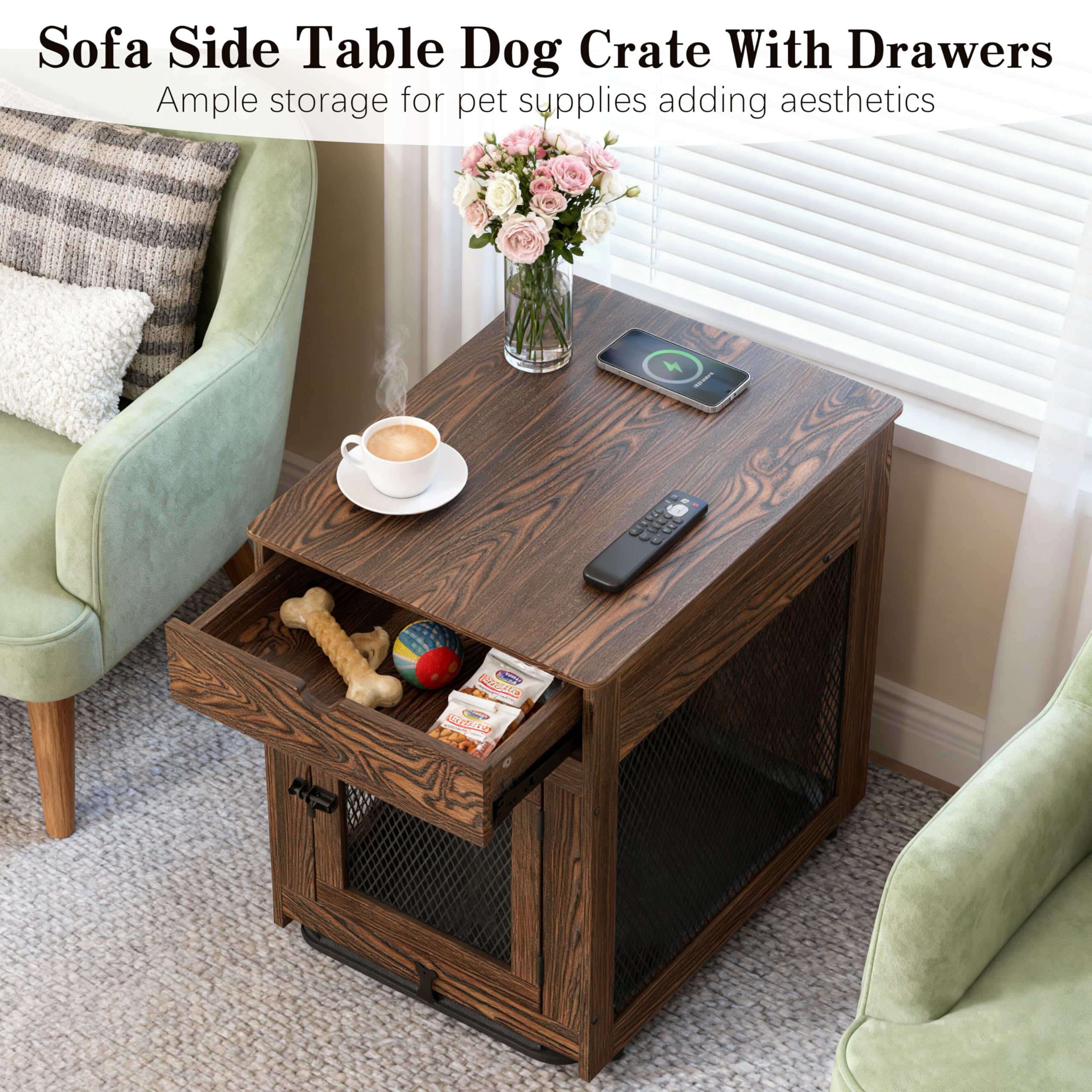 Piskyet end table crate open drawer showing convenient storage.