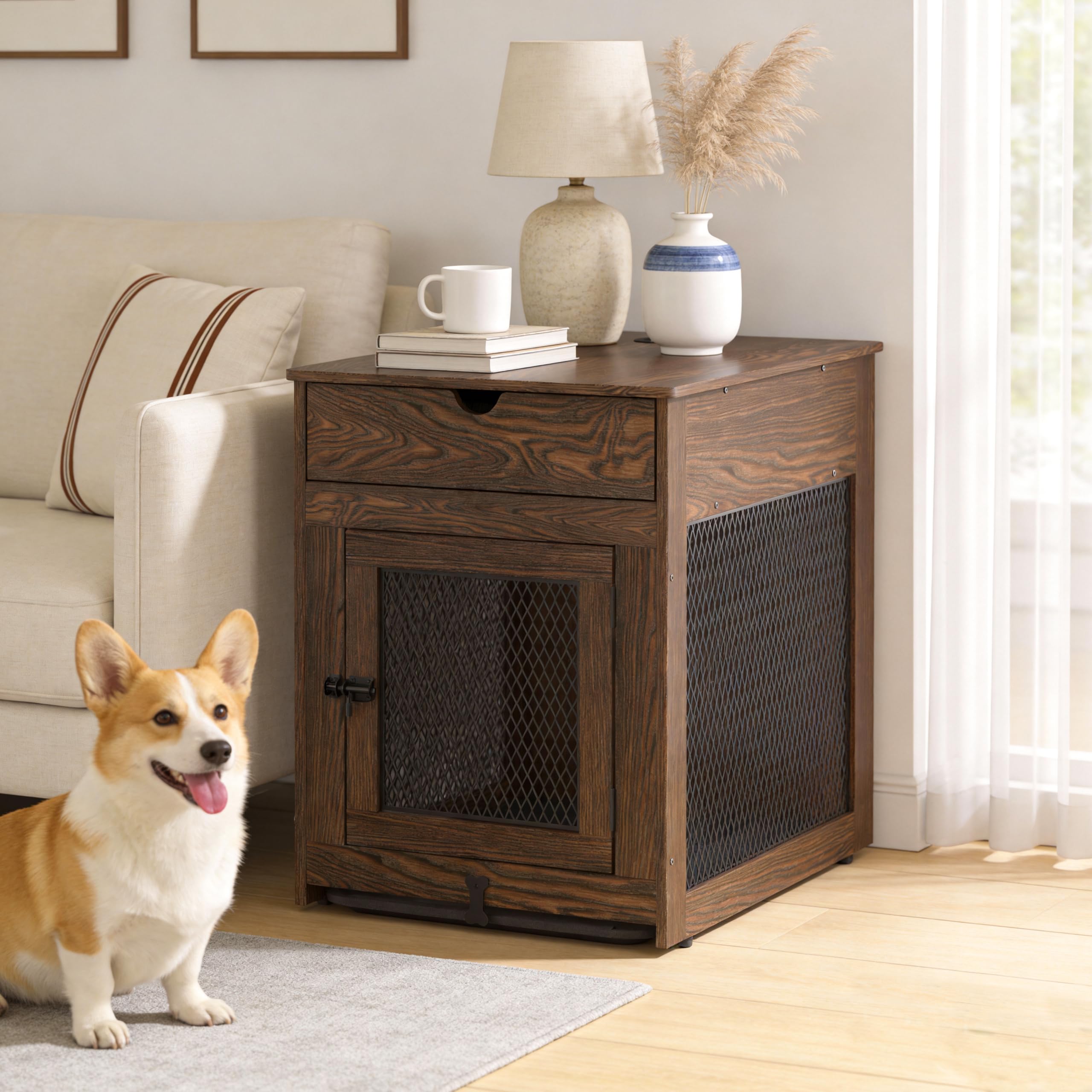 Piskyet dog crate end table in living room setup.