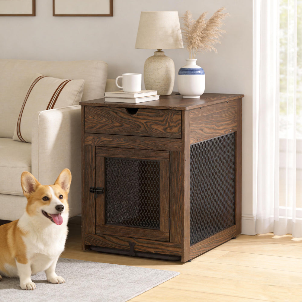 Piskyet dog crate end table in living room setup.
