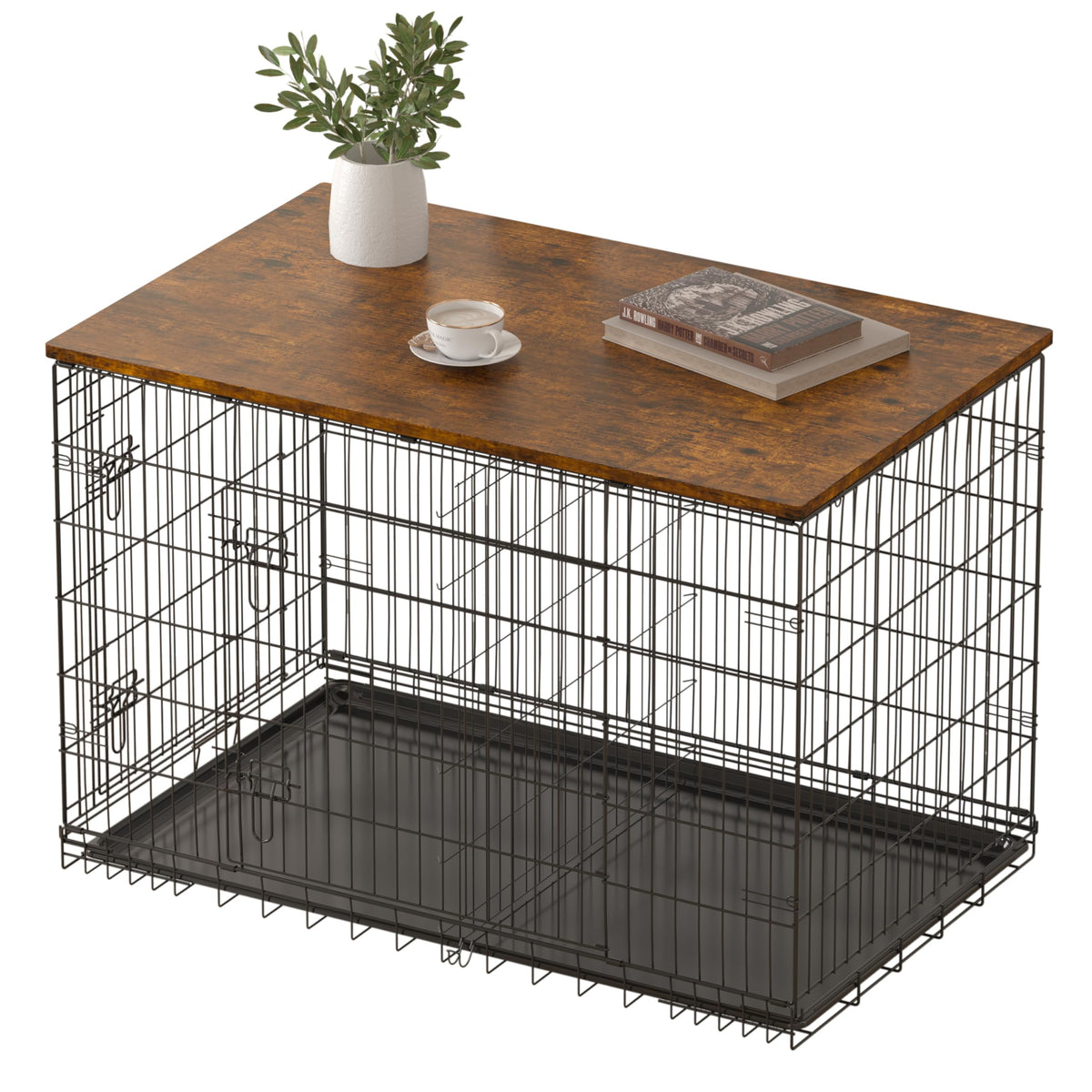 Piskyet crate topper on 36-inch crate adds rustic brown style and surface protection.