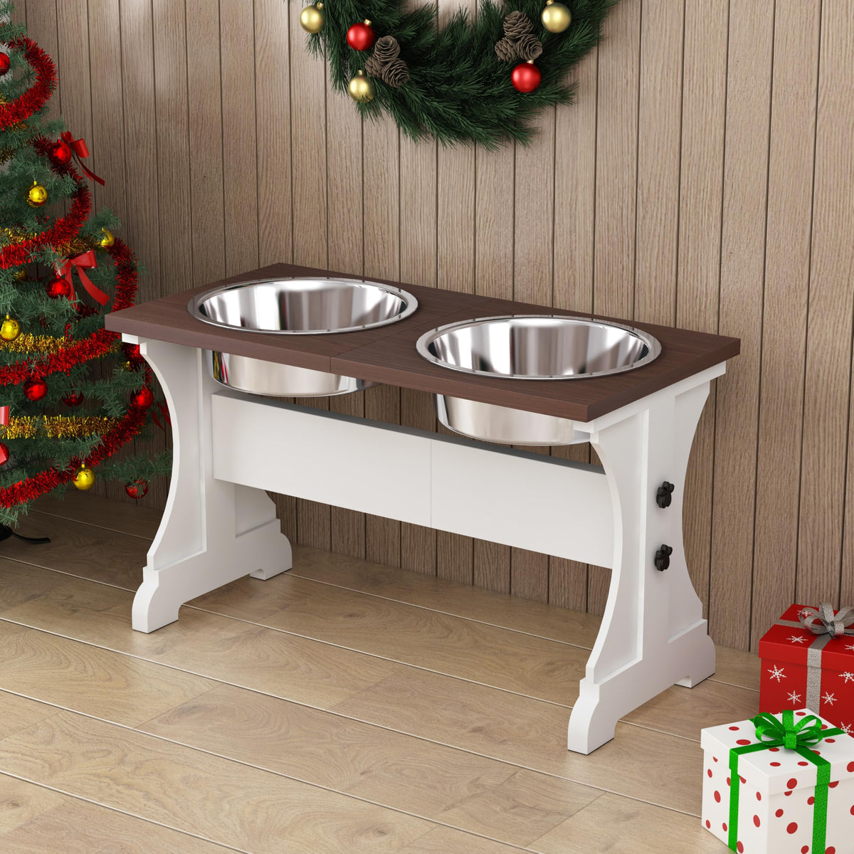 Piskyet elevated dog bowls on a wooden stand for ergonomic feeding