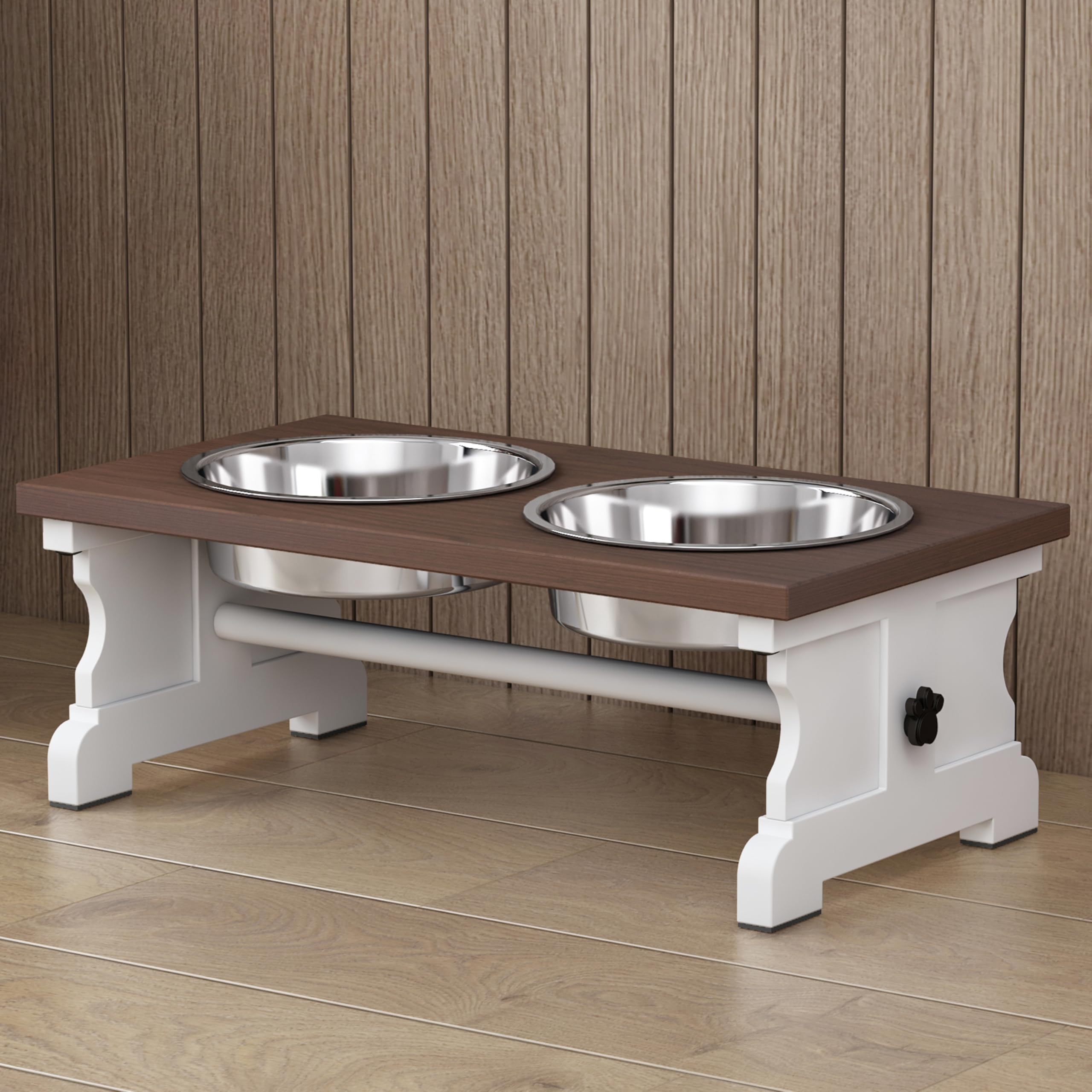 Piskyet elevated dog bowls on wooden stand support ergonomic mealtime for pets.