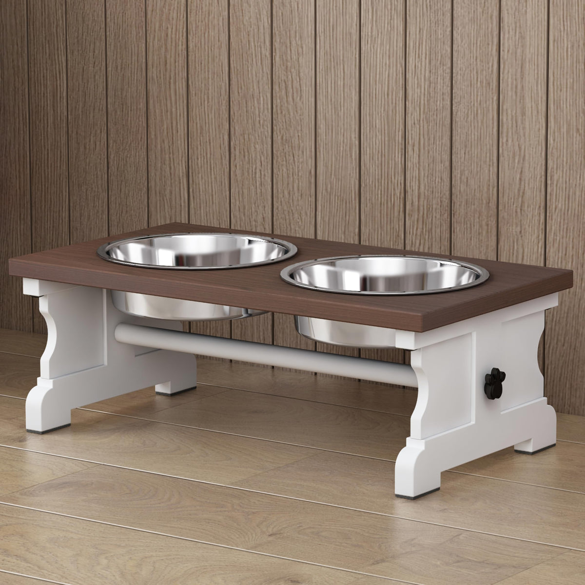 Piskyet elevated dog bowls on wooden stand support ergonomic mealtime for pets.