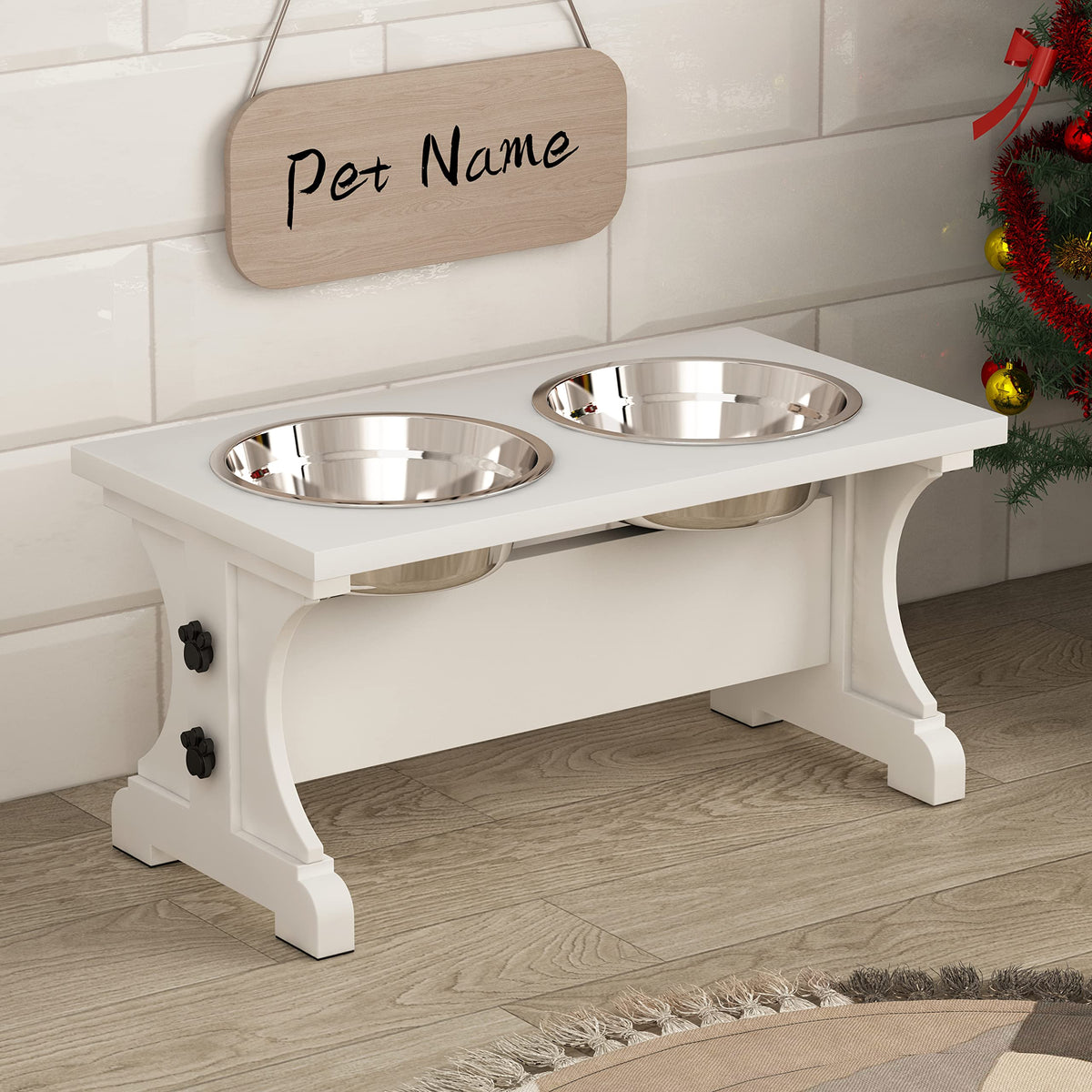 Piskyet Farmhouse dog bowls stand white elevates feeding for neck comfort.