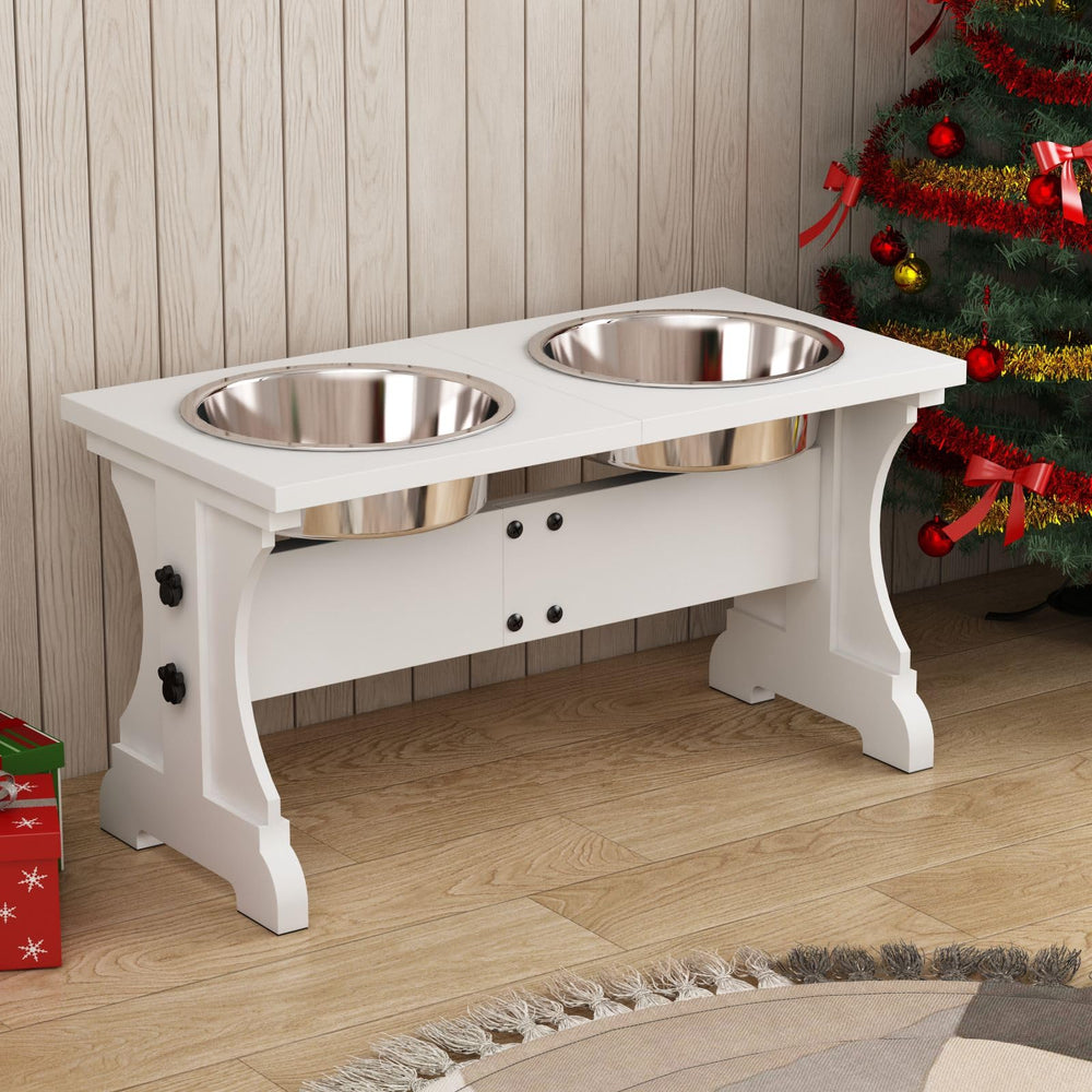 Piskyet wooden dog bowl stand assembly shows quick setup.