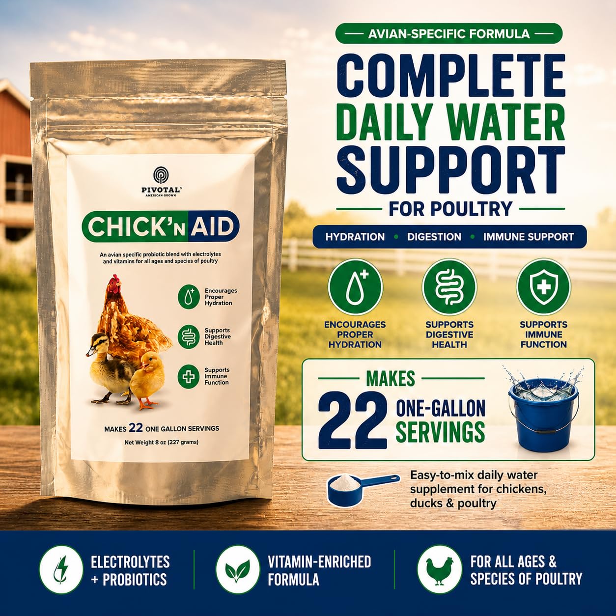Pivotal Chick’n Aid 8 oz bag shows simple water mixing for flocks.