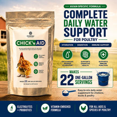 Pivotal Chick’n Aid 8 oz bag shows simple water mixing for flocks.