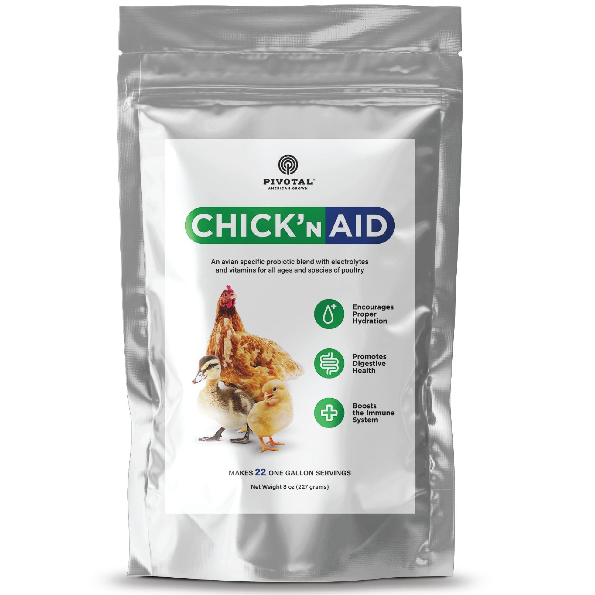 Pivotal Chick’n Aid bottle front highlights hydration support for poultry.