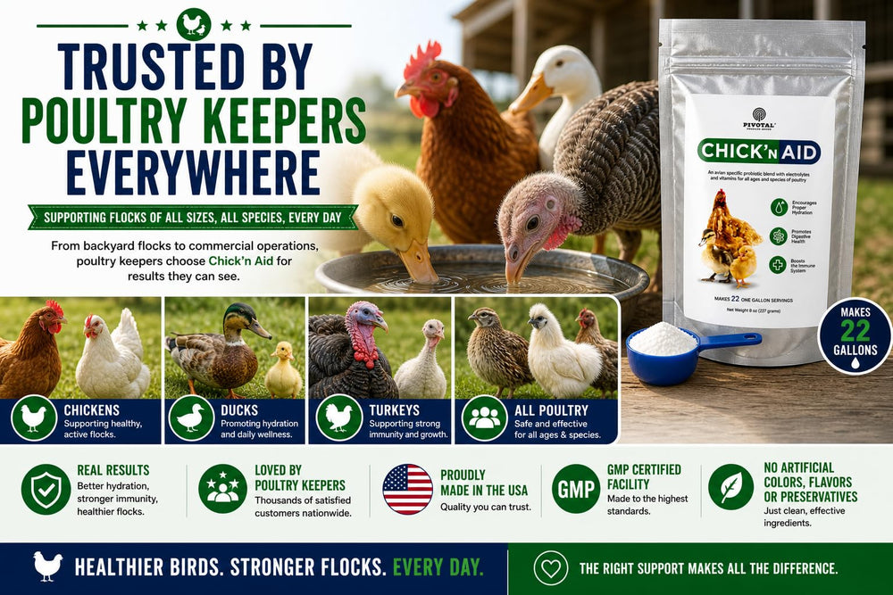 Pivotal Chick’n Aid for adult poultry demonstrates mixed-flock use.