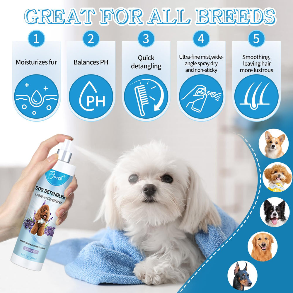 Pjordo leave-in conditioner application on silky, manageable dog coat.