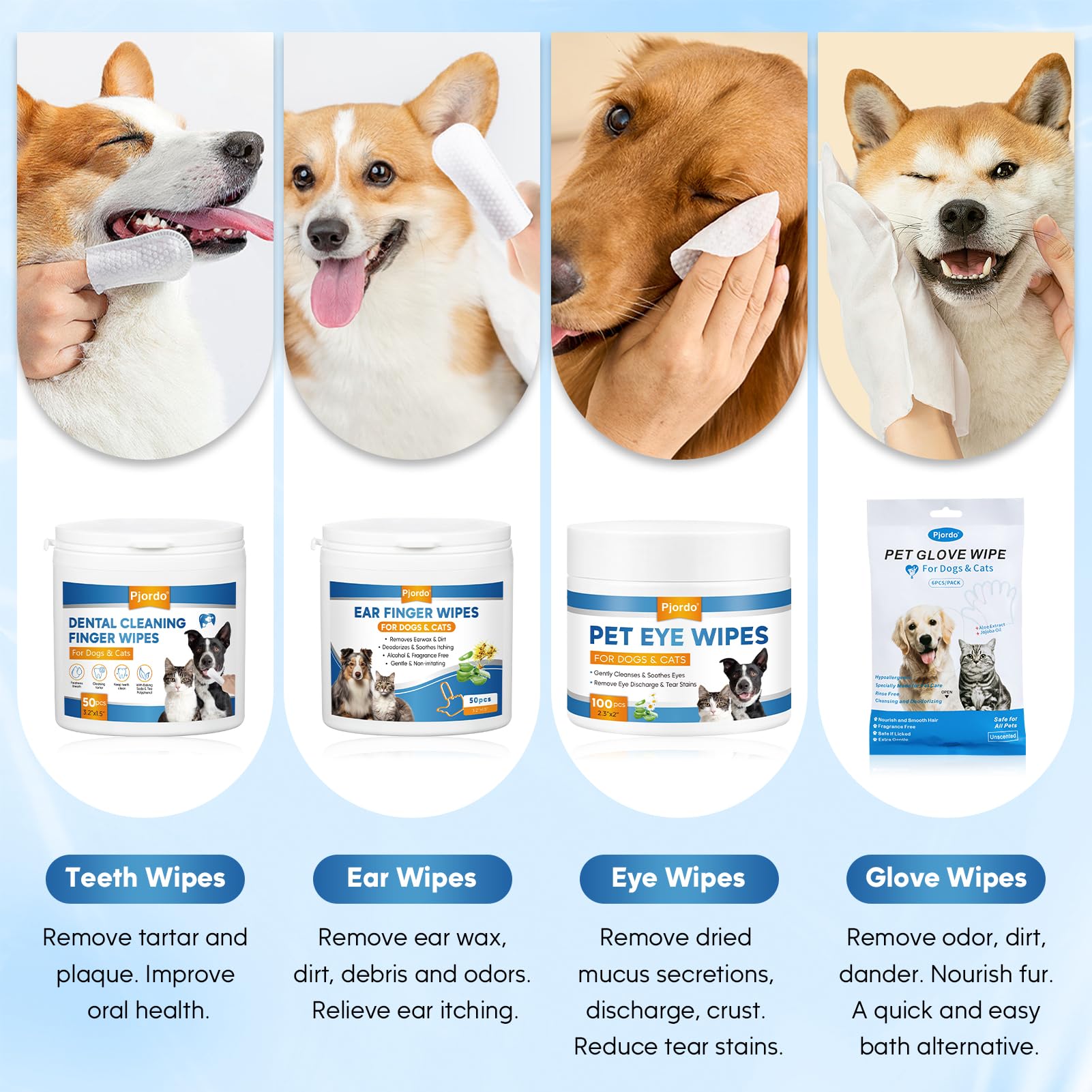 Pjordo pet eye wipes gently clear mucus around eyes to keep fur clean.