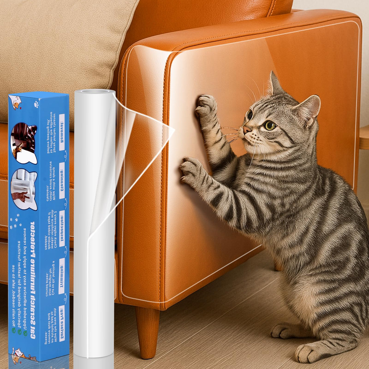 PJT cat scratch protector on leather couch providing invisible protection