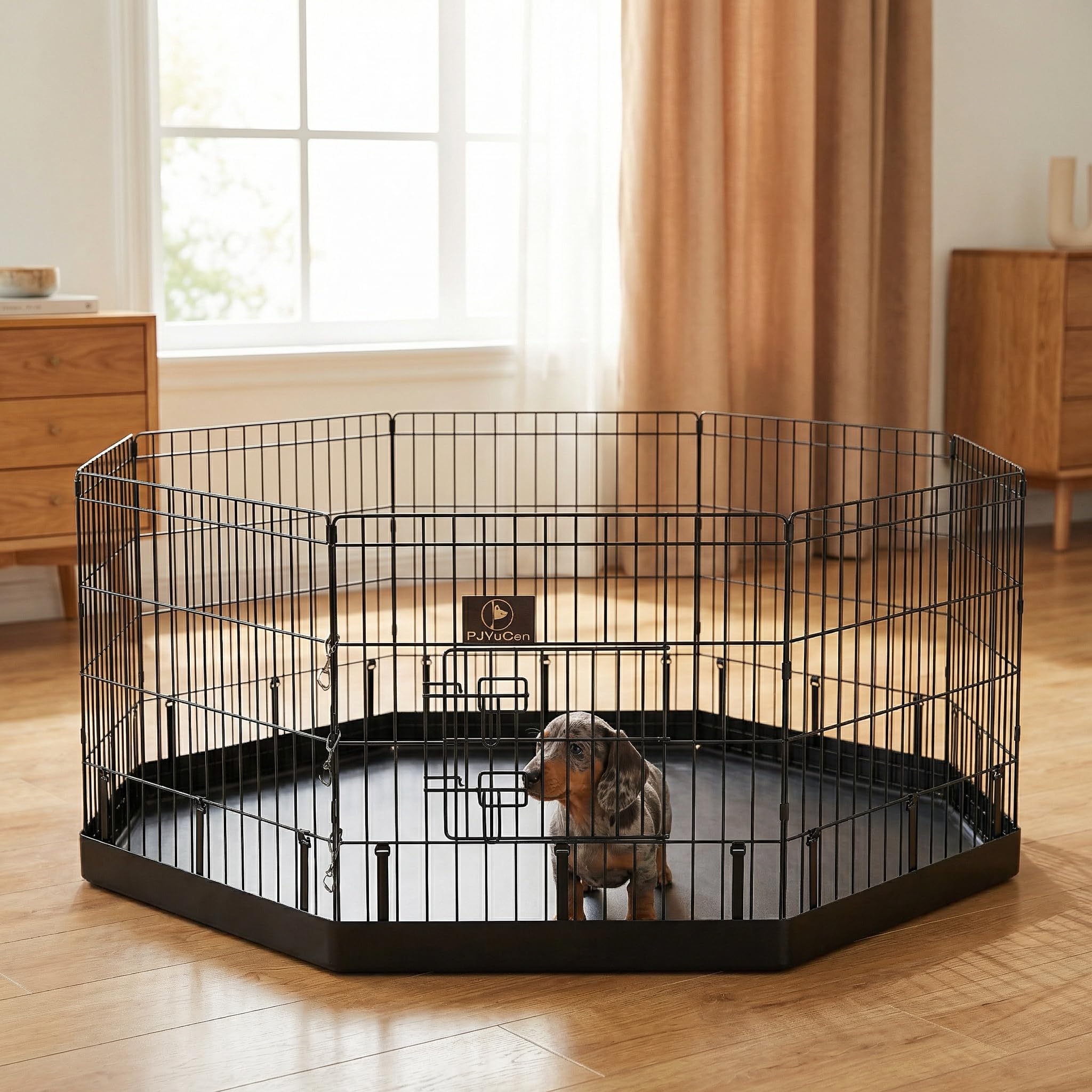 PJYuCien puppy training with eight panel playpen