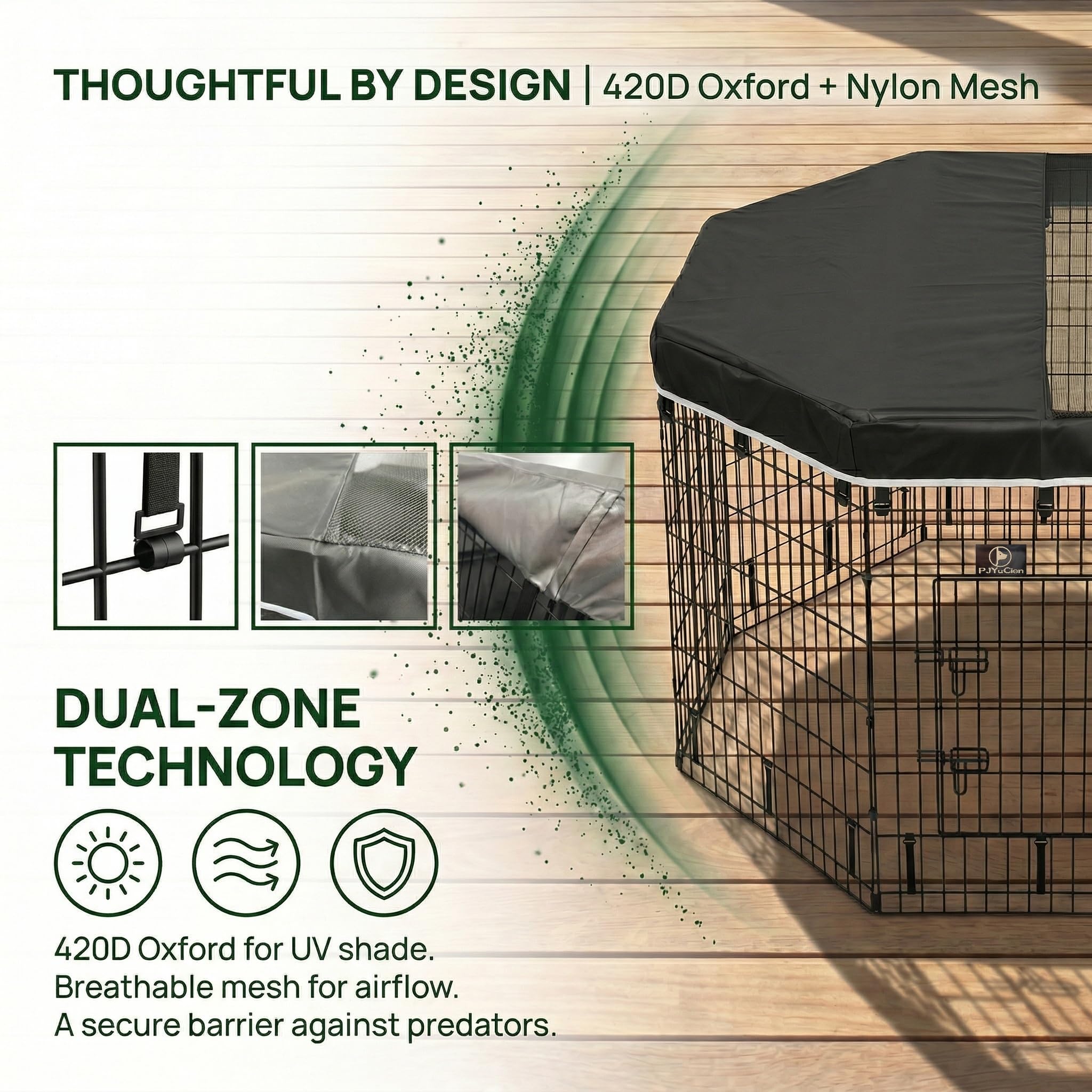 PJYuCien cover with snap hooks for quick, secure attachment.
