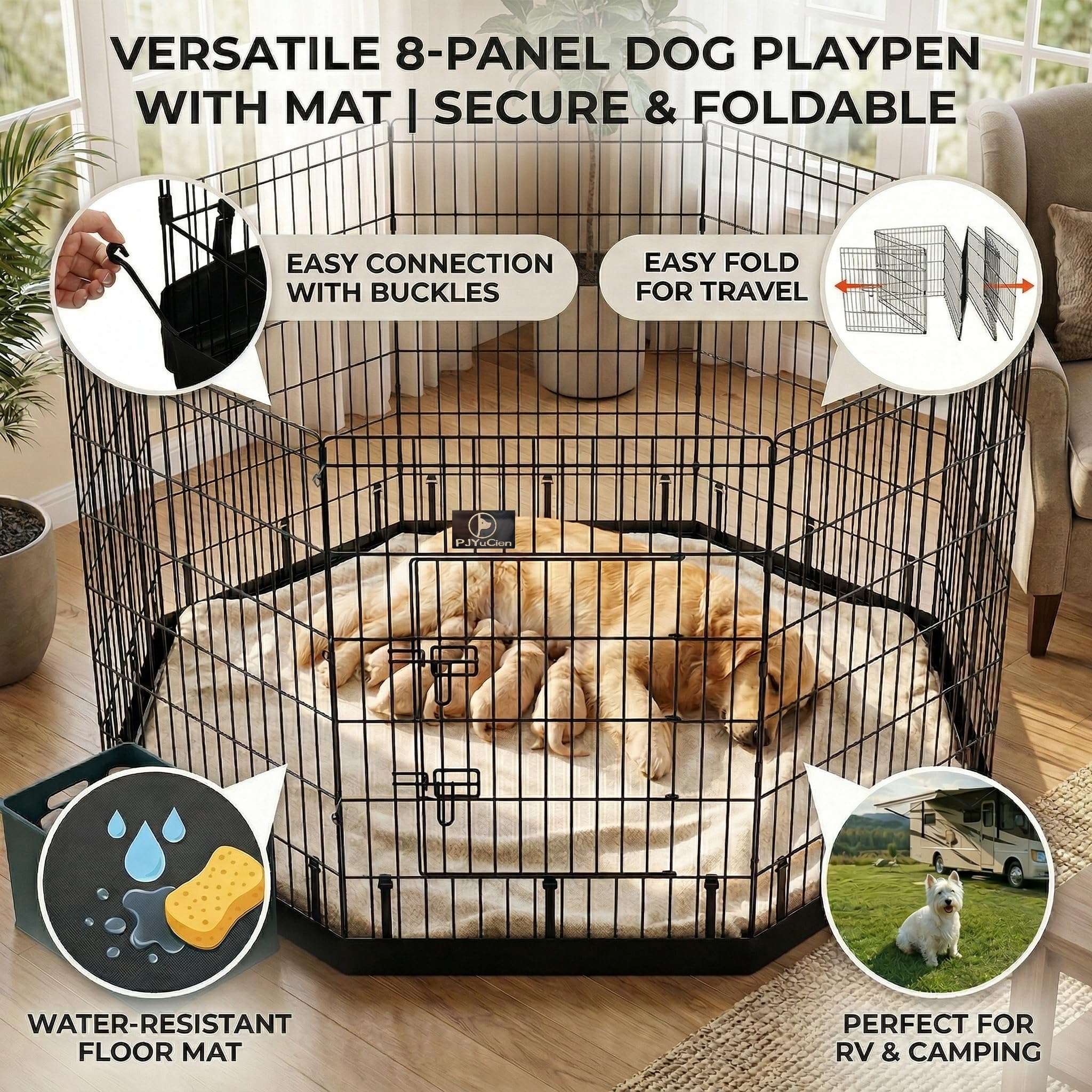 PJYuCien dog playpen folding eight panels demonstrates tool-free setup and portability