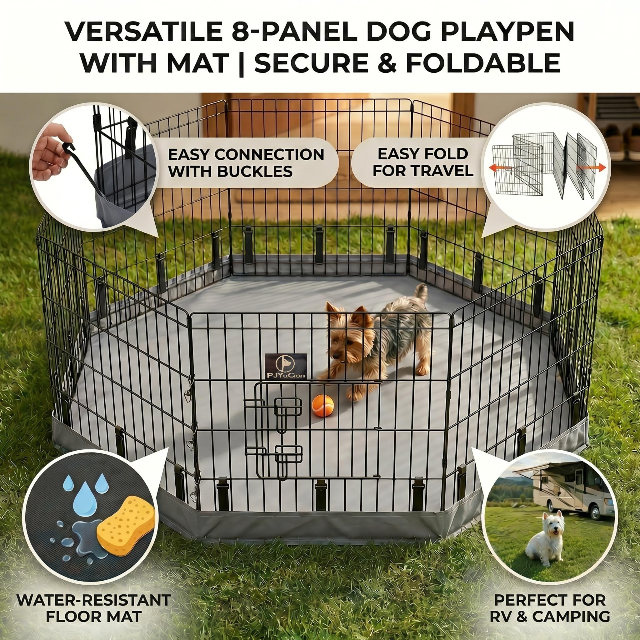 PJYuCien folded dog playpen compact for travel and storage.