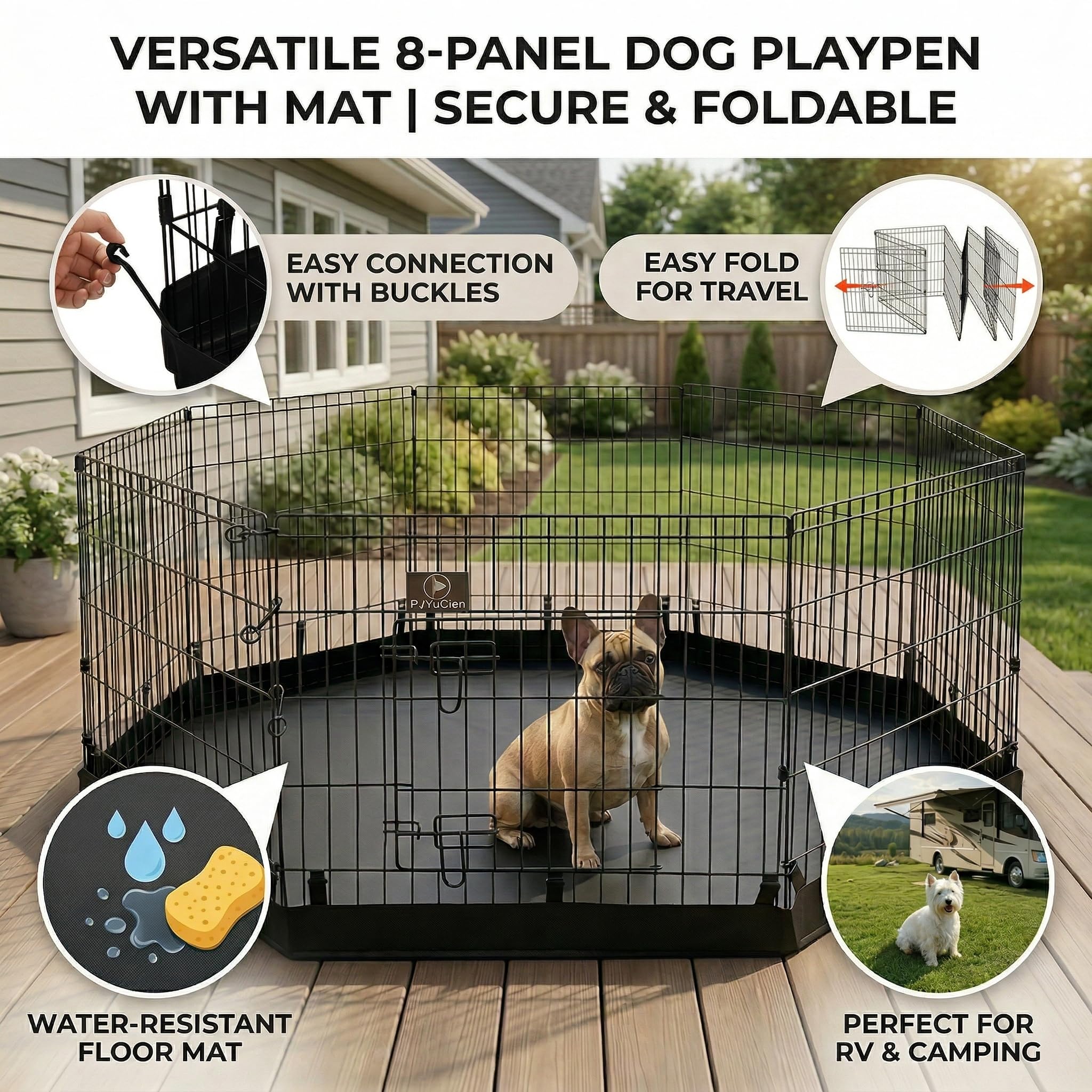 PJYuCien dog playpen folding design enables quick setup and portability.