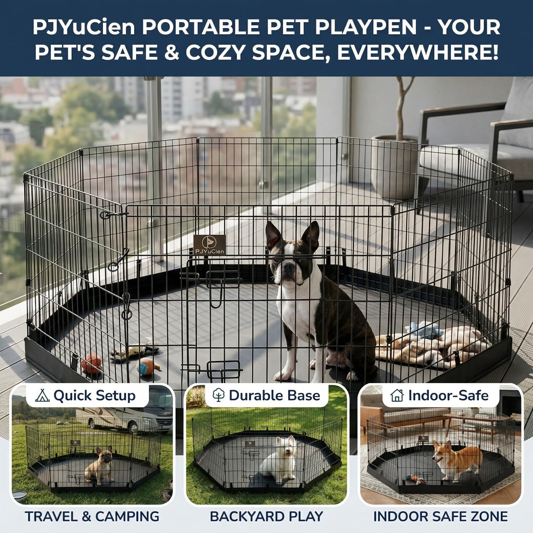PJYuCien dog playpen ground stakes secure setup on grass and soft surfaces.