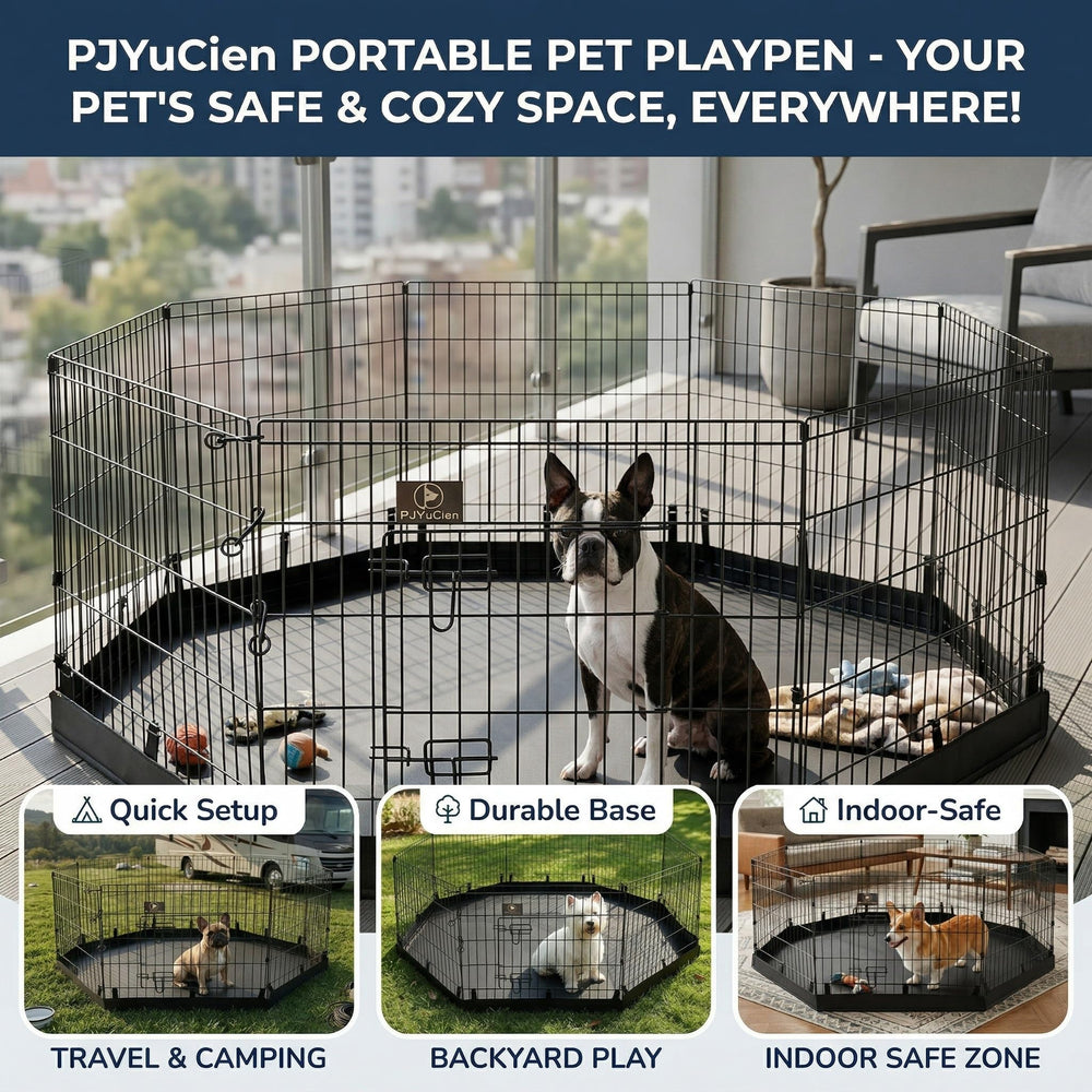 PJYuCien dog playpen ground stakes secure setup on grass and soft surfaces.