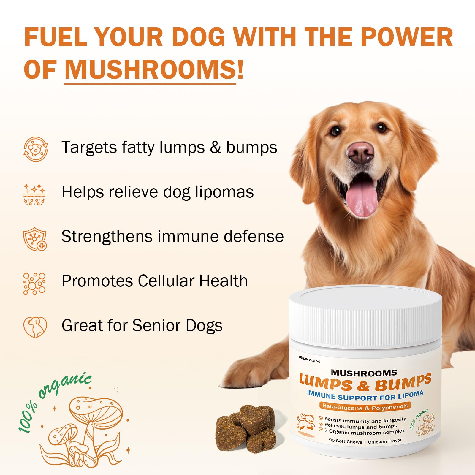 PKperekond cordyceps mushroom chews bottle highlighting vitality for pets
