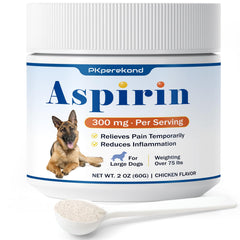 PKperekond dog aspirin powder packaging signals trusted giant-breed relief.