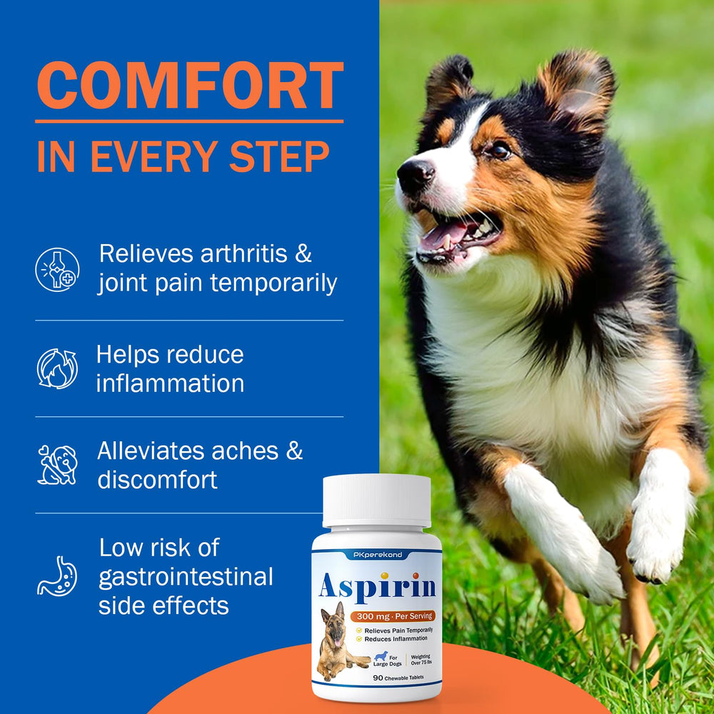 PKperekond large-dog aspirin tablets beside a leash on packaging.