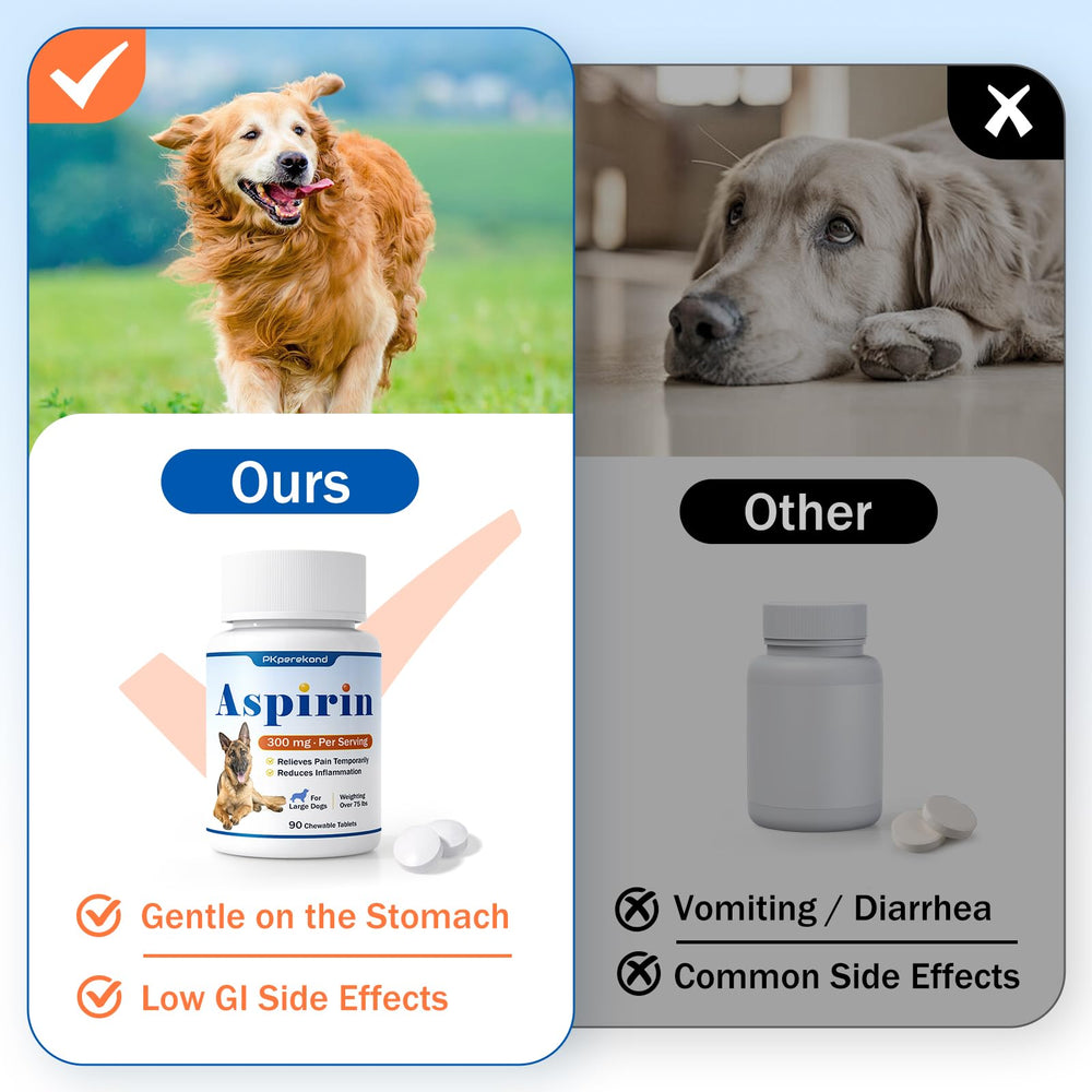 PKperekond vet-formulated dog aspirin packaging highlights large breeds.