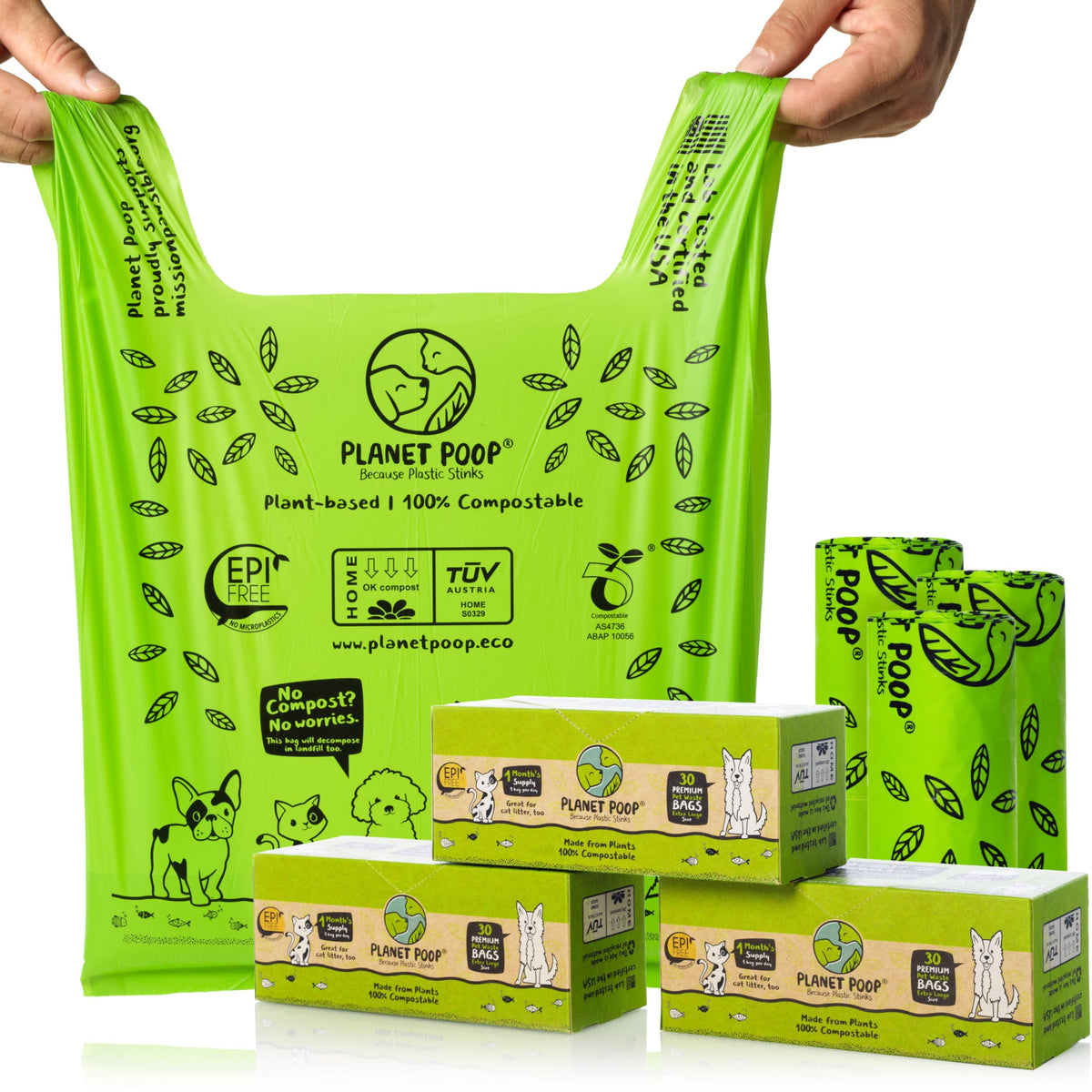 PLANET POOP compostable dog bags 90-count for eco cleanup.