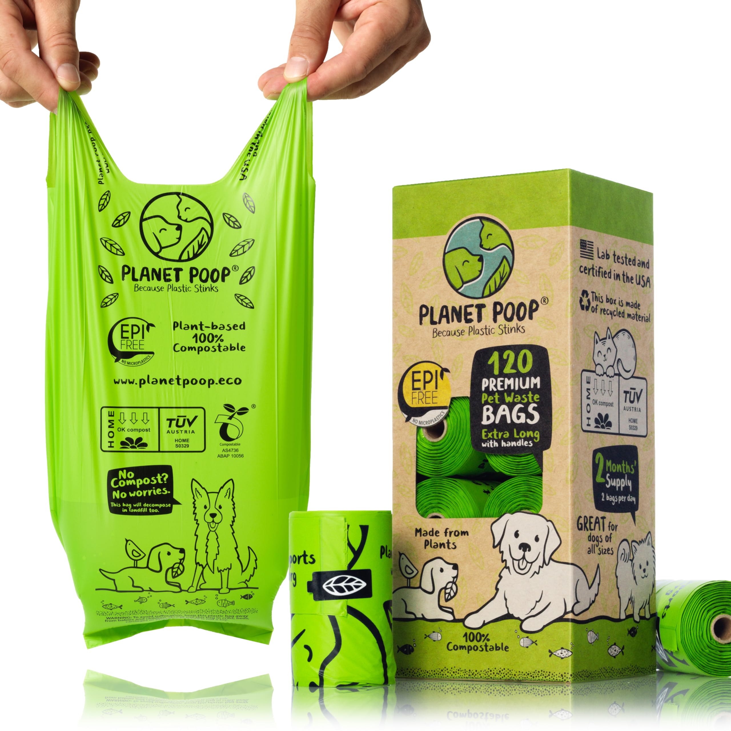 PLANET POOP extralong bags with handles for easy pickup on walks.