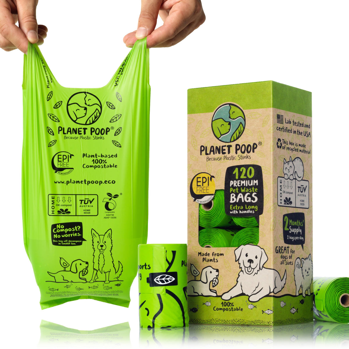 PLANET POOP extralong bags with handles for easy pickup on walks.