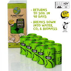 PLANET POOP compostable dog poop bags with 20 micron thickness for leakproof use.