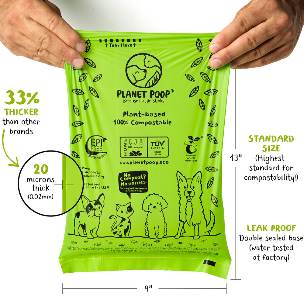 PLANET POOP compostable bags certified to ASTM D6400 and EN 13432