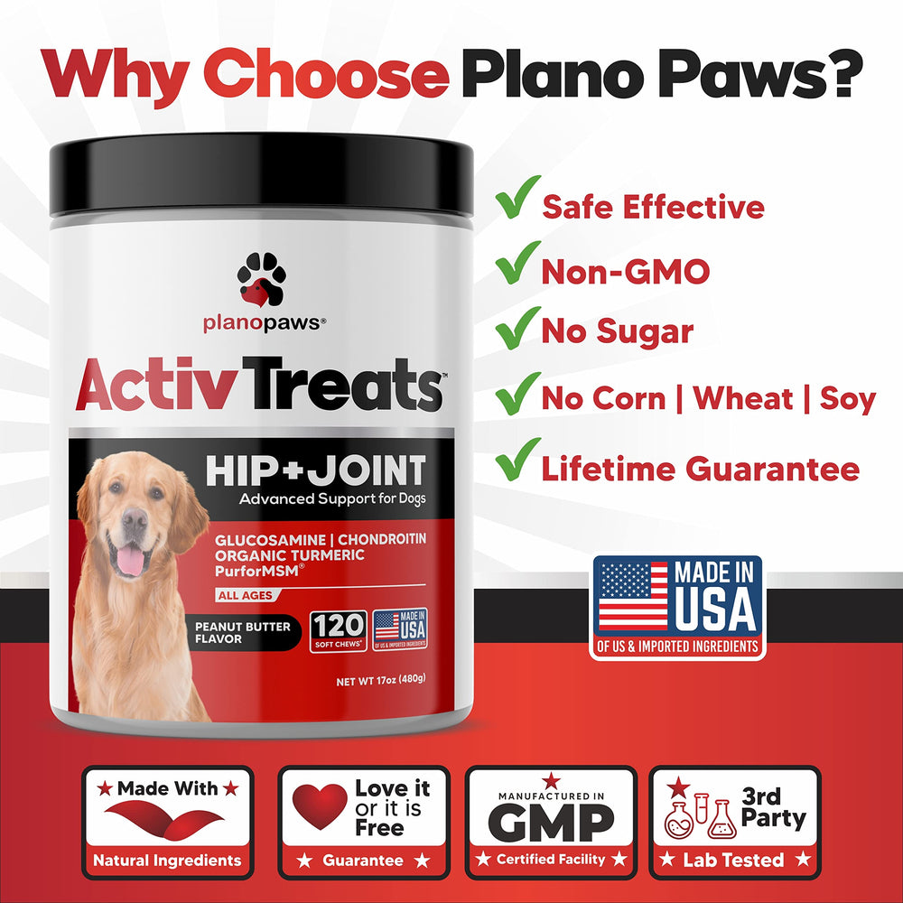 Plano Paws ActivTreats ingredients chart shows glucosamine chondroitin MSM turmeric