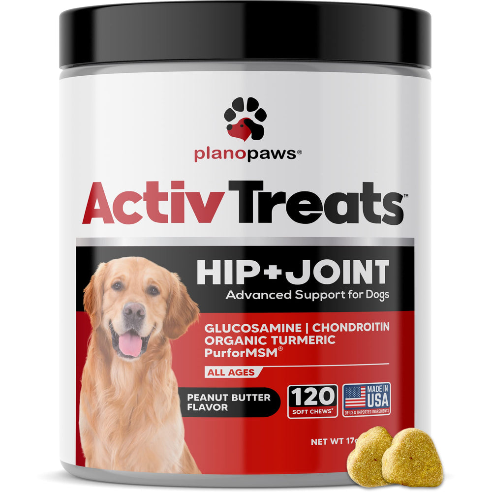 Plano Paws ActivTreats joint chews bottle highlights convenient hip and joint support for dogs