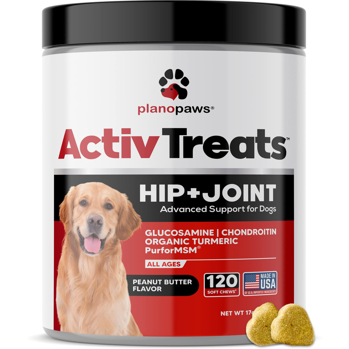 Plano Paws ActivTreats joint chews bottle highlights convenient hip and joint support for dogs
