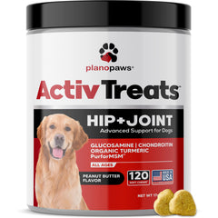 Plano Paws ActivTreats joint chews bottle highlights convenient hip and joint support for dogs