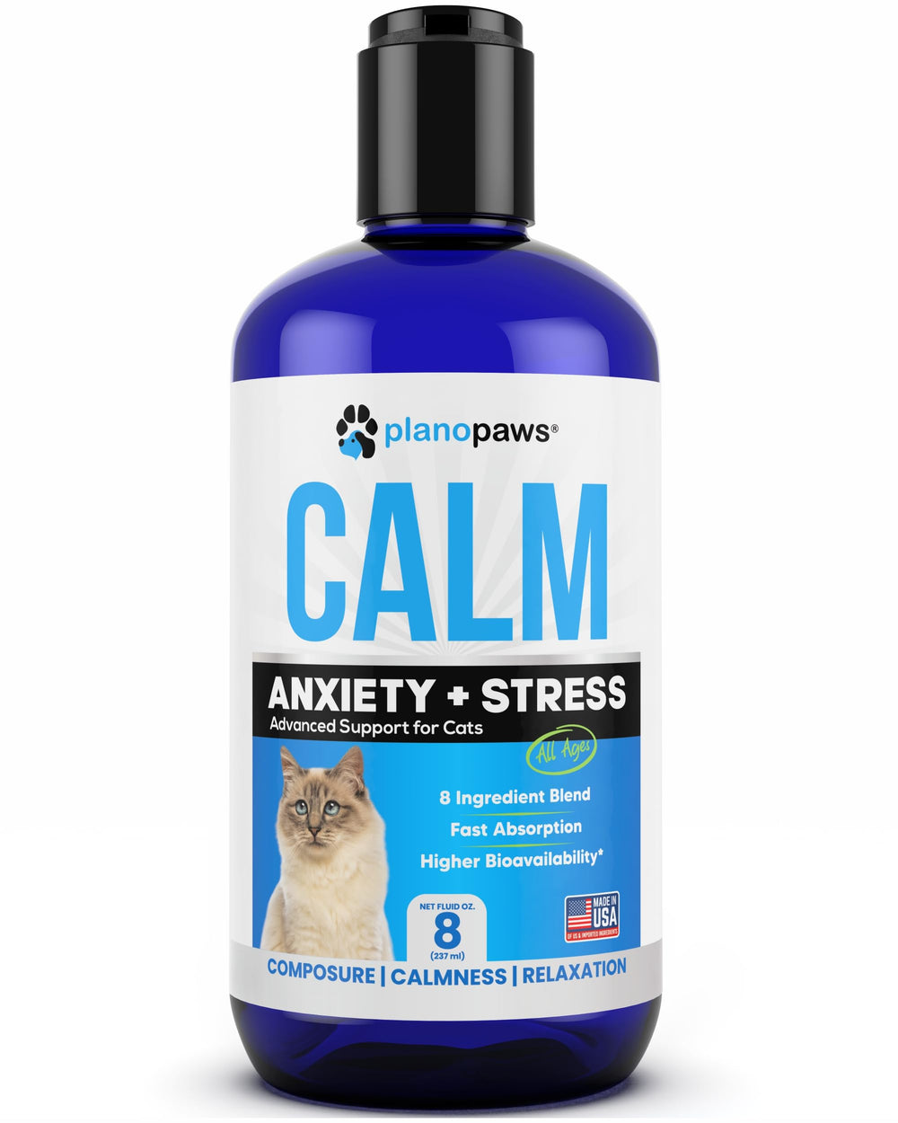 Planopaws cat anxiety relief liquid bottle showcases fast-acting calm for stressful moments.